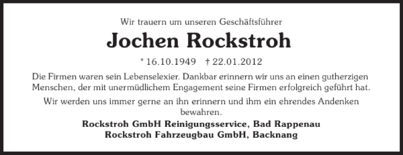  Traueranzeige für Jochen Rockstroh vom 25.01.2012 aus 