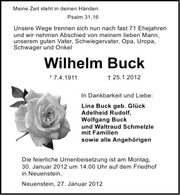 Traueranzeige von Wilhelm Buck 