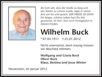 Traueranzeige von Wilhelm Buck 