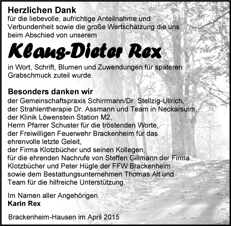  Traueranzeige für Klaus-Dieter Rex vom 25.04.2015 aus 