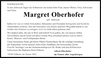 Traueranzeige von Margret Oberhofer 