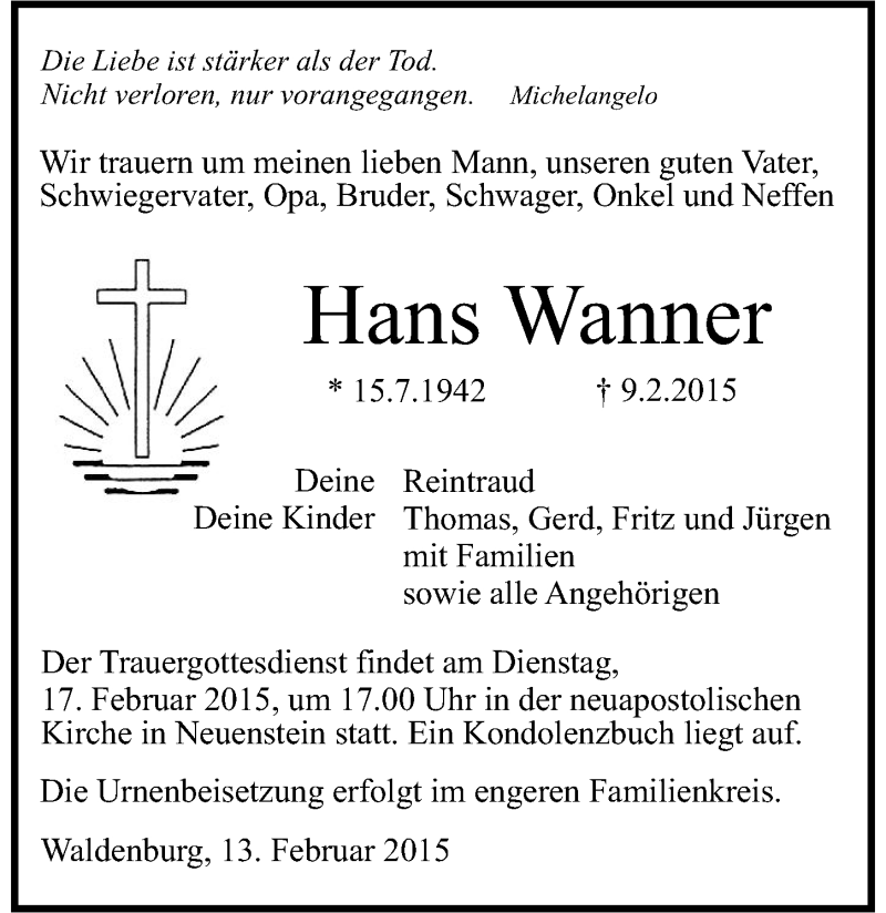  Traueranzeige für Hans Wanner vom 13.02.2015 aus 