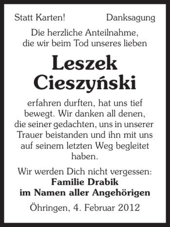 Traueranzeige von Leszek Cieszyn ski 