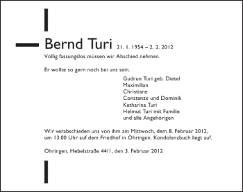 Traueranzeige von Bernd Turi 