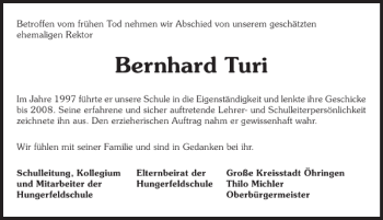 Traueranzeige von Bernhard/Nachruf Turi 