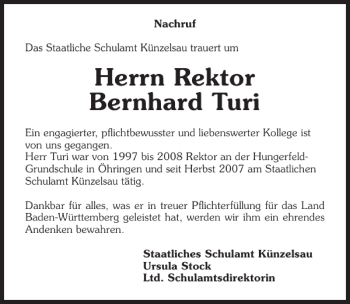 Traueranzeige von Rektor Bernhard Turi 