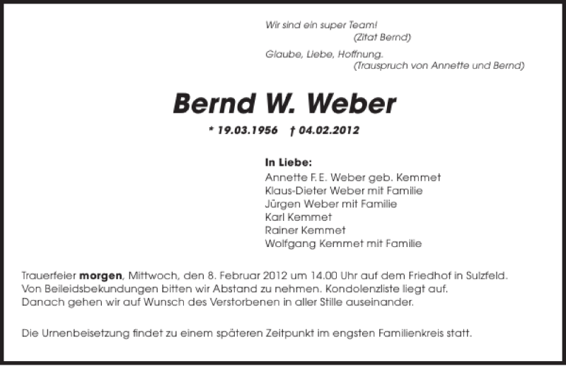  Traueranzeige für Bernd W. Weber vom 07.02.2012 aus 