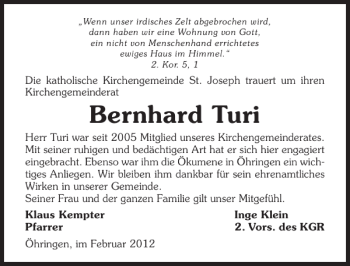 Traueranzeige von Bernhard Turi 