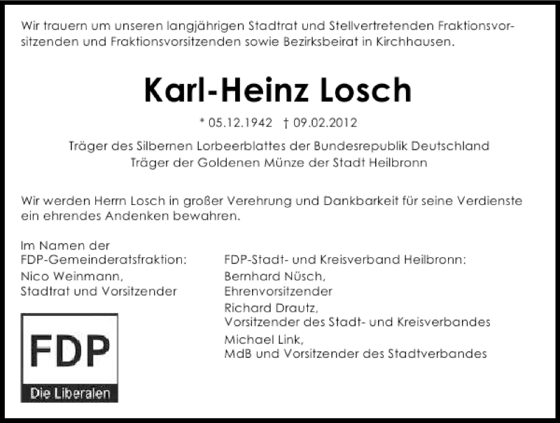  Traueranzeige für Karl-Heinz Losch vom 14.02.2012 aus 