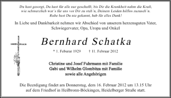 Traueranzeige von Bernhard Schatka 