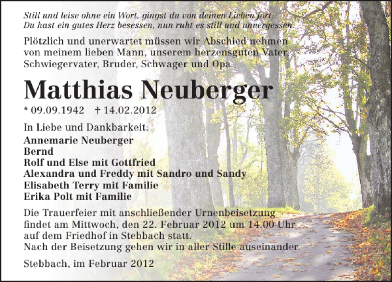  Traueranzeige für Matthias Neuberger vom 18.02.2012 aus 
