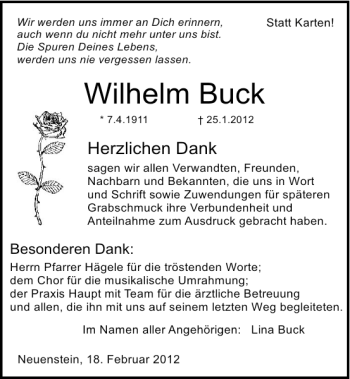 Traueranzeige von Wilhelm Buck 