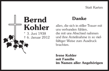 Traueranzeige von Bernd Kohler 