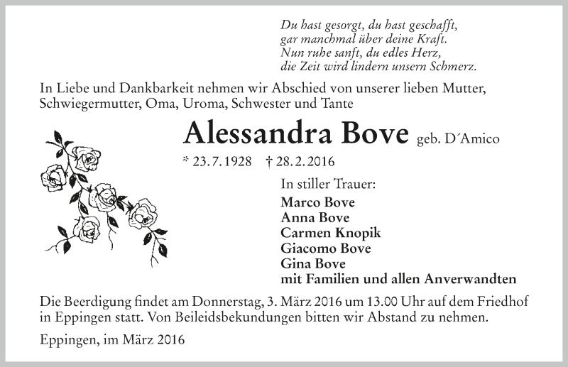  Traueranzeige für Alessandra Bove vom 02.03.2016 aus 