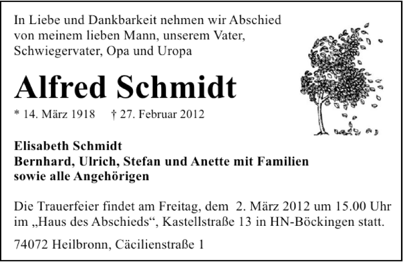  Traueranzeige für Alfred Schmidt vom 29.02.2012 aus 