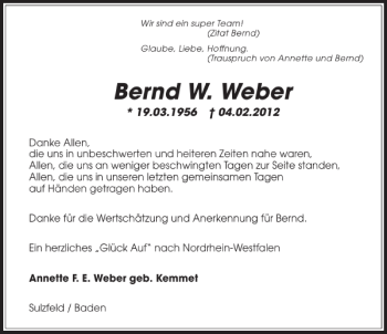 Traueranzeige von Bernd W. Weber 