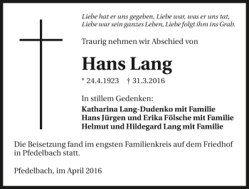 Traueranzeige von Hans Lang 