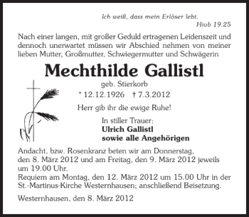 Traueranzeige von Mechthilde Gallistl 