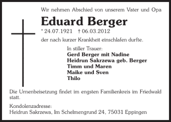 Traueranzeige von Eduard Berger 