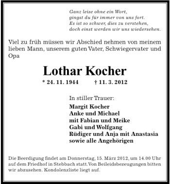 Traueranzeige von Lothar Kocher 