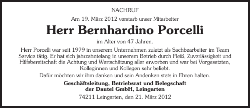  Traueranzeige für Bernhardino Porcelli vom 22.03.2012 aus 