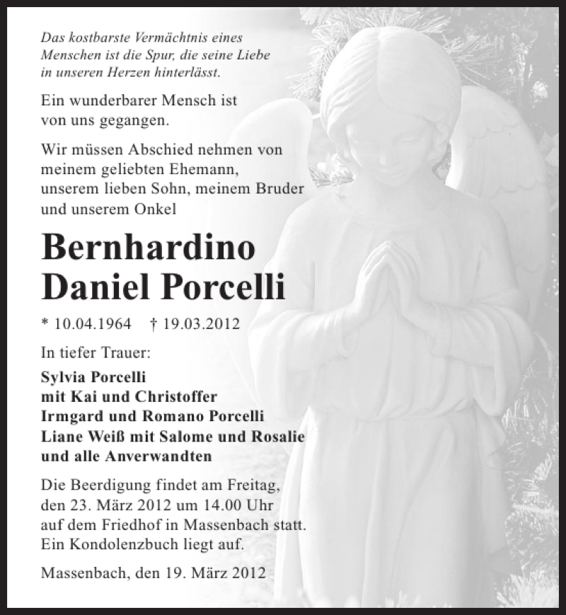  Traueranzeige für Bernhardino Daniel Porcelli vom 22.03.2012 aus 