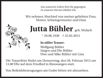 Traueranzeige von Jutta Bühler 