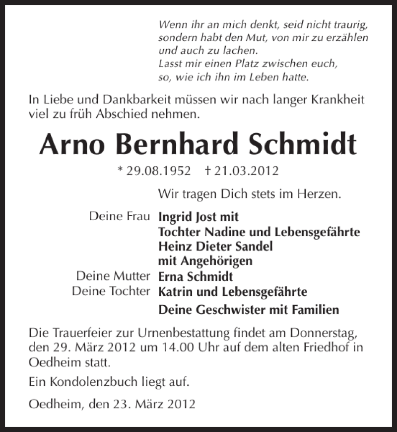  Traueranzeige für Arno Bernhard Schmidt vom 26.03.2012 aus 