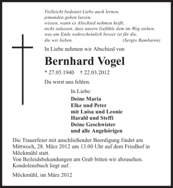 Traueranzeige von Bernhard Vogel 