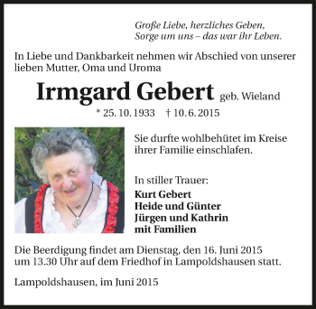Traueranzeige von Irmgard Gebert 