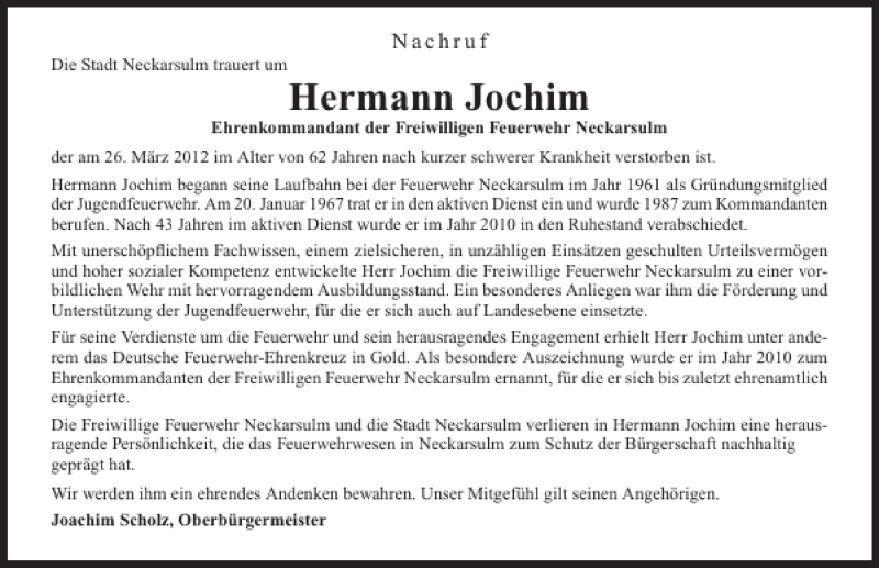  Traueranzeige für Hermann (Stadt NSU) Jochim vom 29.03.2012 aus 