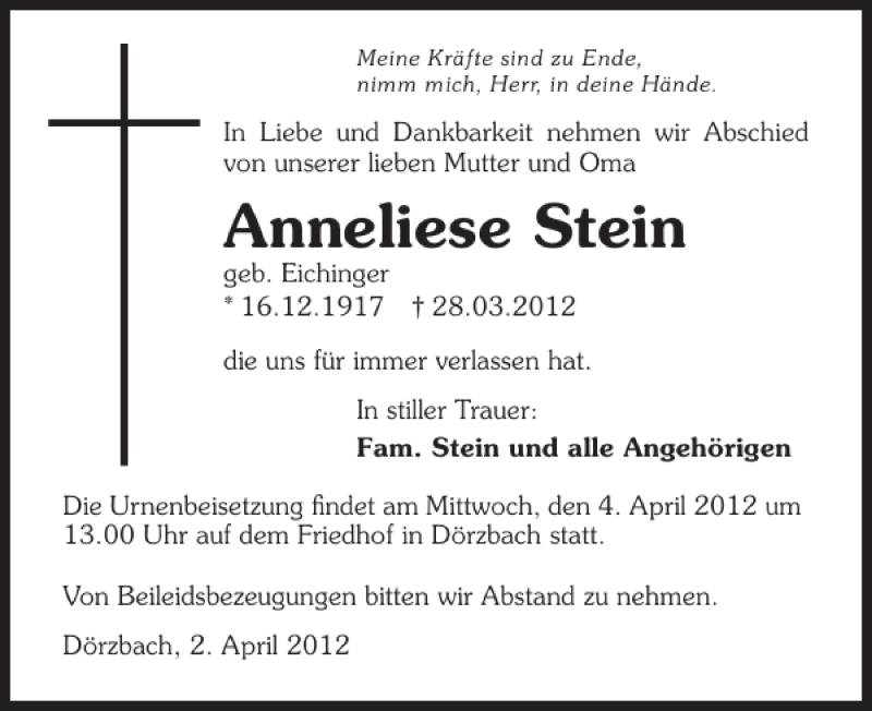  Traueranzeige für Anneliese Stein vom 02.04.2012 aus 