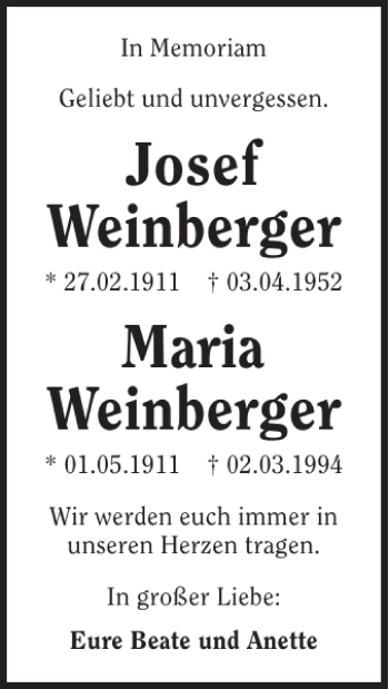 Traueranzeige von Josef Weinberger Maria Weinberger 