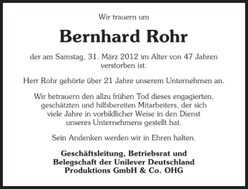 Traueranzeige von Bernhard Rohr 