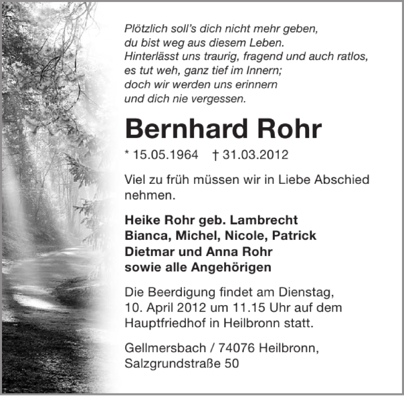  Traueranzeige für Bernhard Rohr vom 05.04.2012 aus 