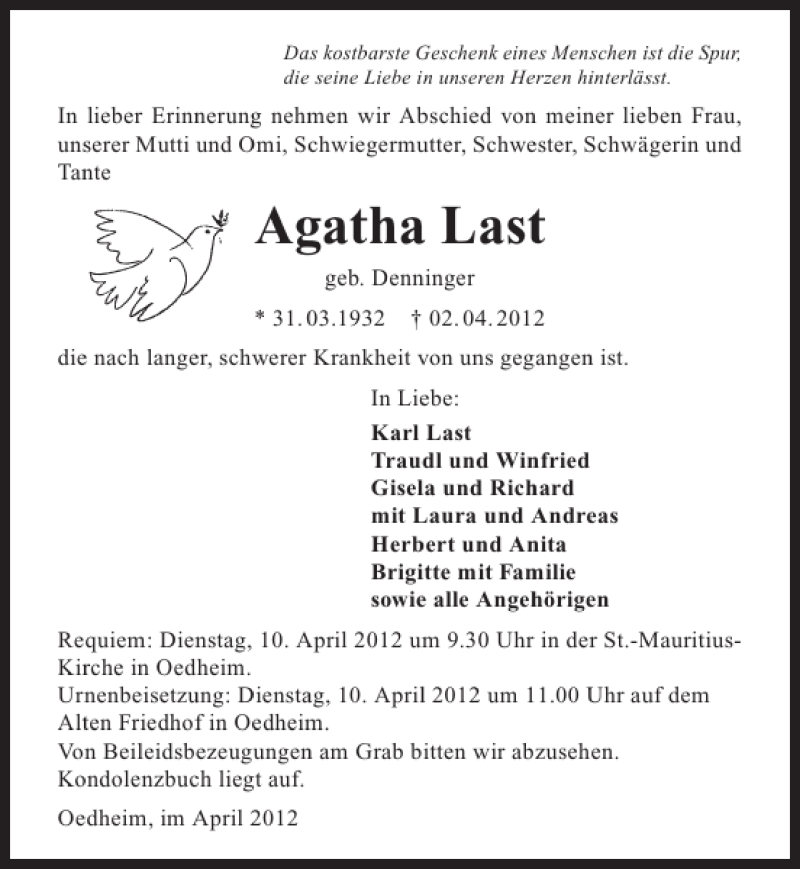  Traueranzeige für Agatha Last vom 07.04.2012 aus 