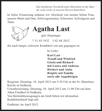 Traueranzeige von Agatha Last 