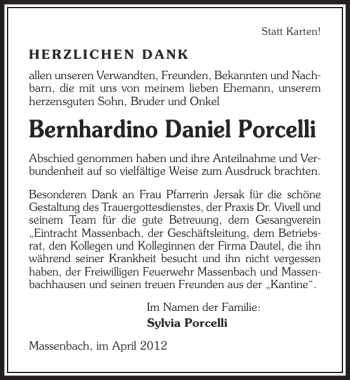 Traueranzeige von Bernhardino Daniel Porcelli 