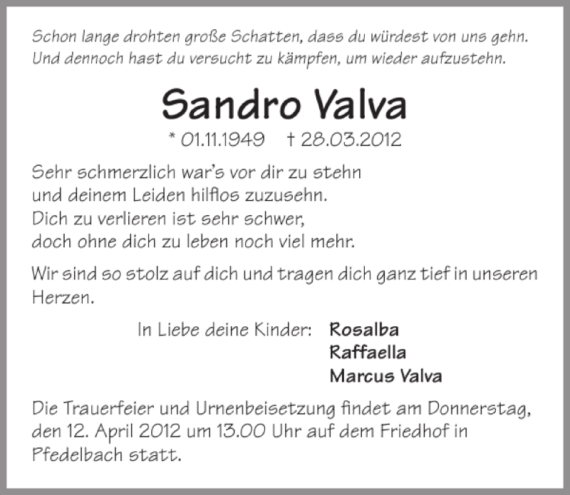  Traueranzeige für Sandro Valva vom 10.04.2012 aus 