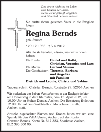 Traueranzeige von Regina Bernds 