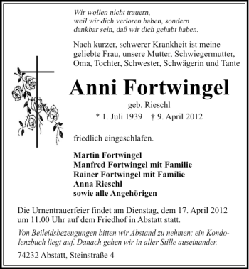 Traueranzeige von Anna Fortwingel 