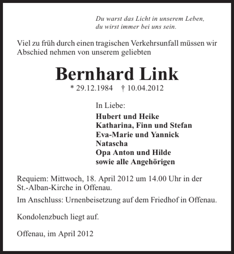  Traueranzeige für Bernhard Link vom 16.04.2012 aus 