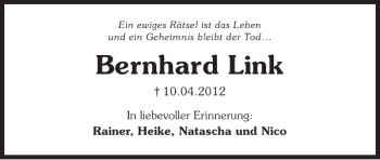 Traueranzeige von Bernhard Link 