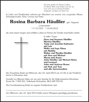 Traueranzeige von Rosina Barbara Häußler 