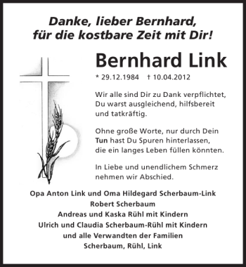 Traueranzeige von Bernhard Link 