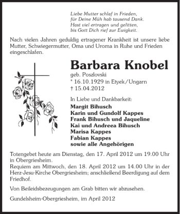 Traueranzeige von Barbara Knobel 