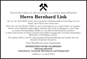 Traueranzeige von Bernhard Link 