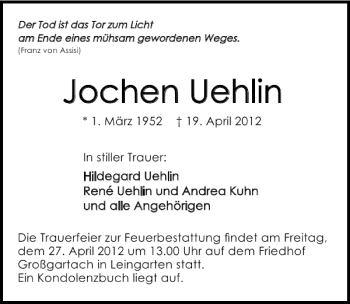 Traueranzeige von Jochen Uehlin 