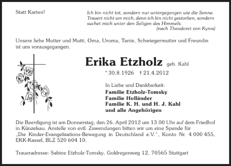  Traueranzeige für Erika Etzholz vom 24.04.2012 aus 