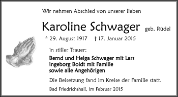 Traueranzeige von Karoline Schwager 